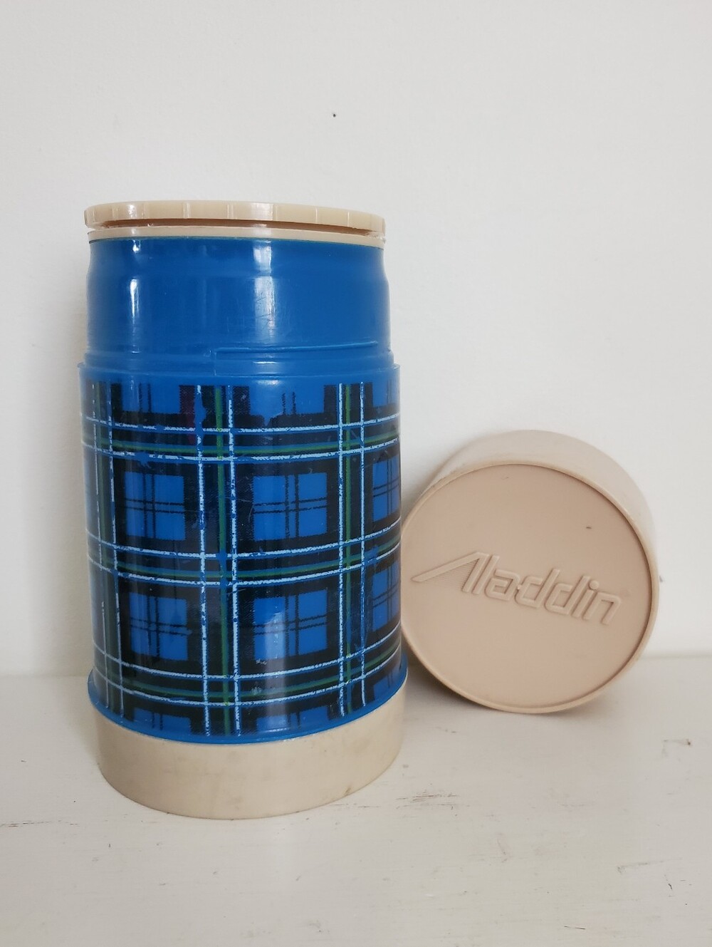 Vintage Aladdin Blue Plaid Wide Mouth Plastic Thermos Pint Size With Bowl Lid